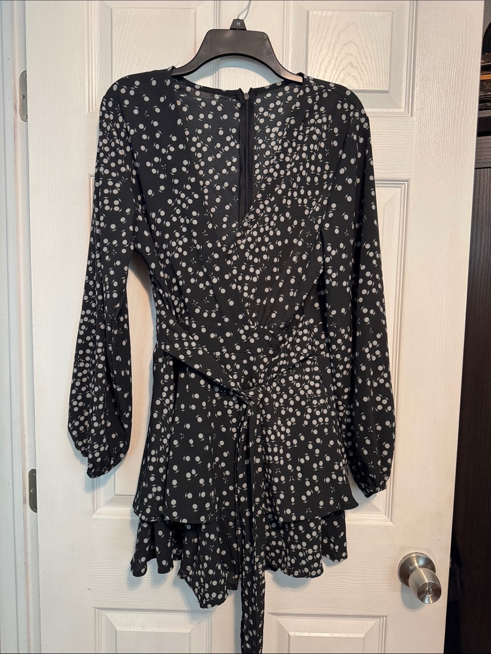Black Long-Sleeve Polka Dot Wrap Romper